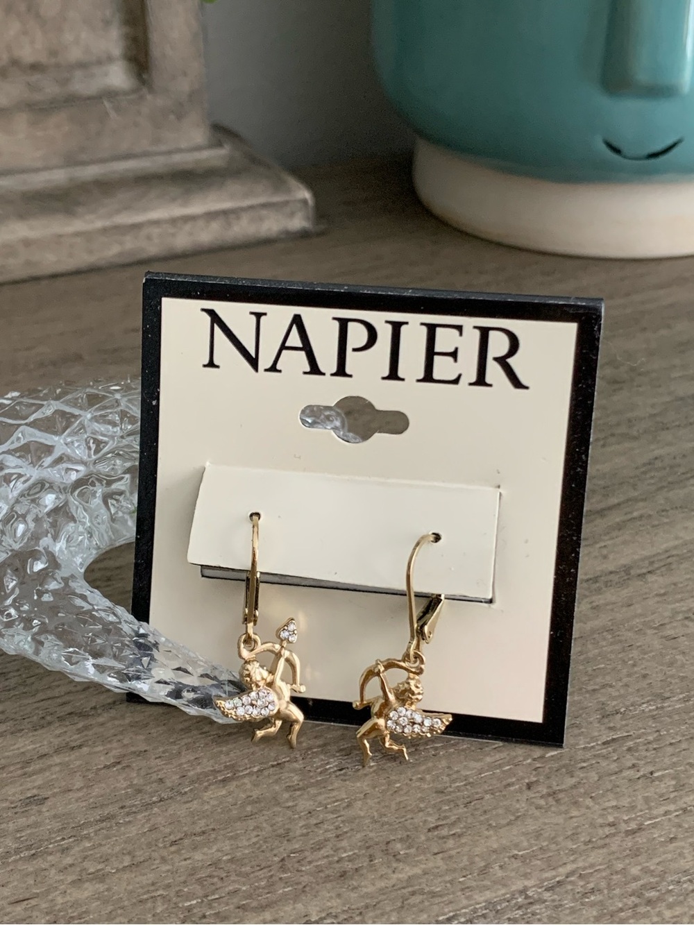 Napier Be My Valentine Cupid Bow Arrow Crystals Drop Dangle Earrings Gold Tone